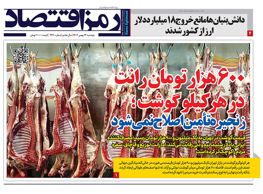 صفحه اول روزنامه رمز اقتصاد با تمرکز بر گرانی گوشت قرمز